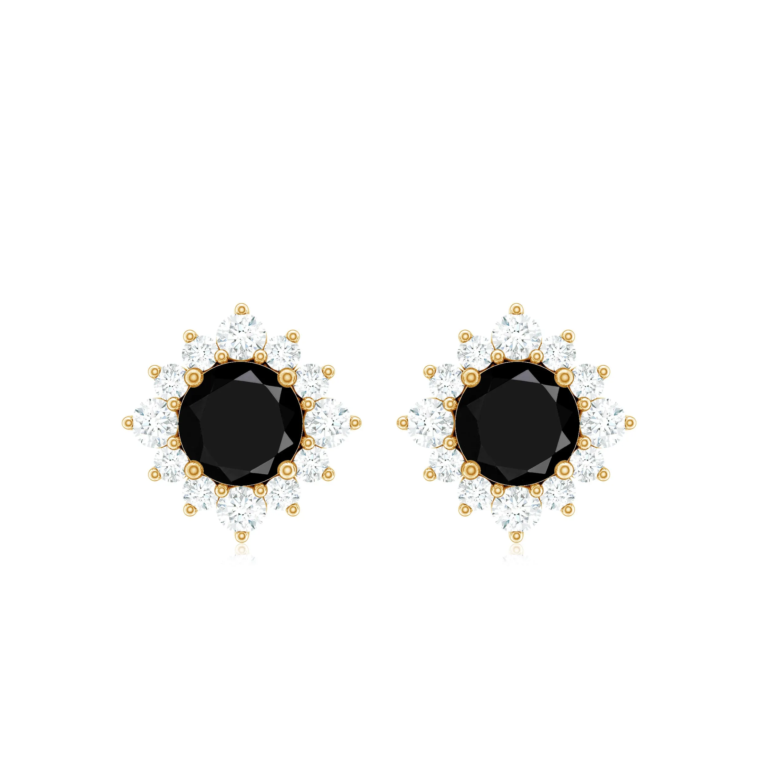 1 CT Classic Black Onyx Stud Earrings with Diamond Halo