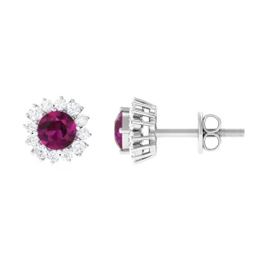 1 CT Classic Rhodolite and Diamond Halo Stud Earrings