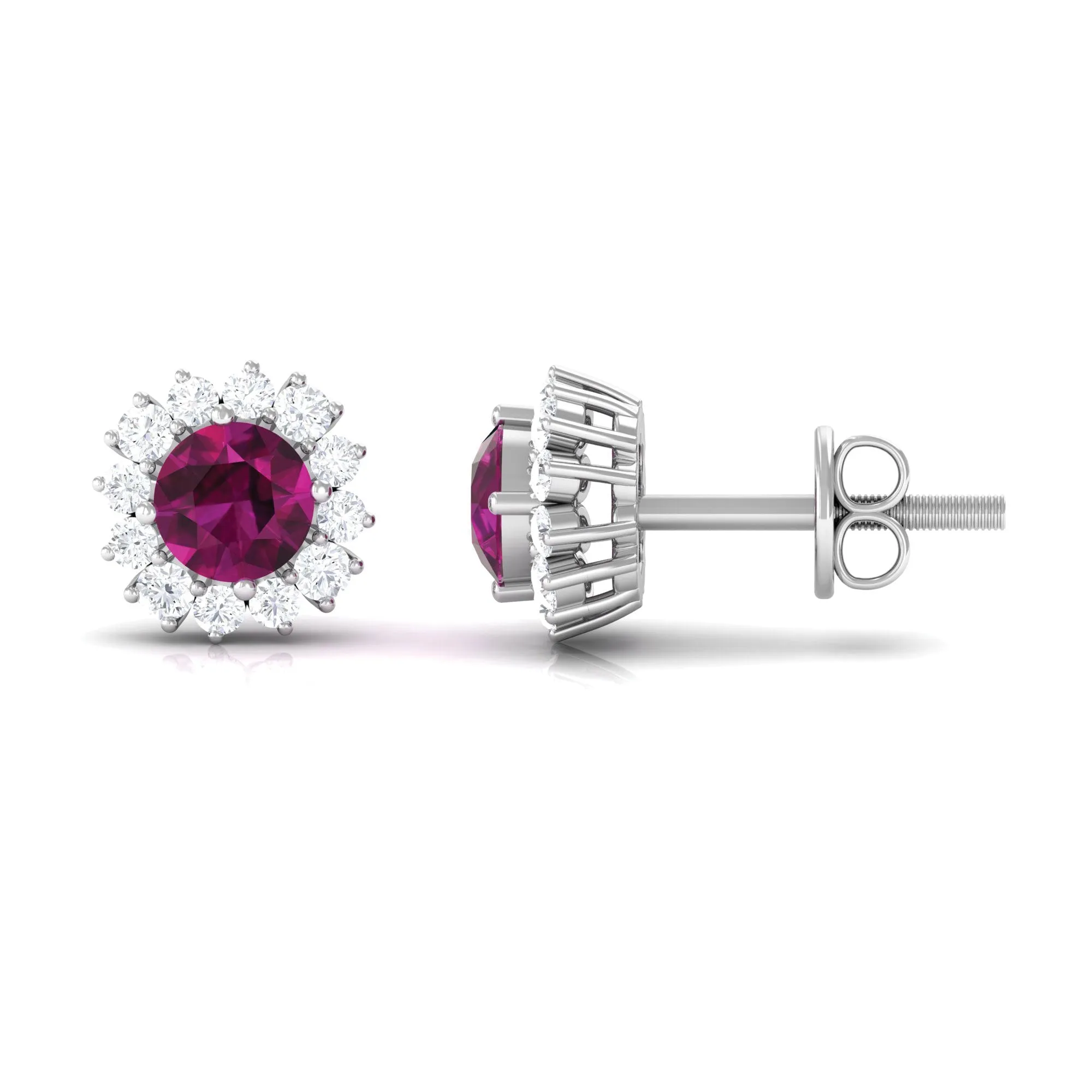 1 CT Classic Rhodolite and Diamond Halo Stud Earrings