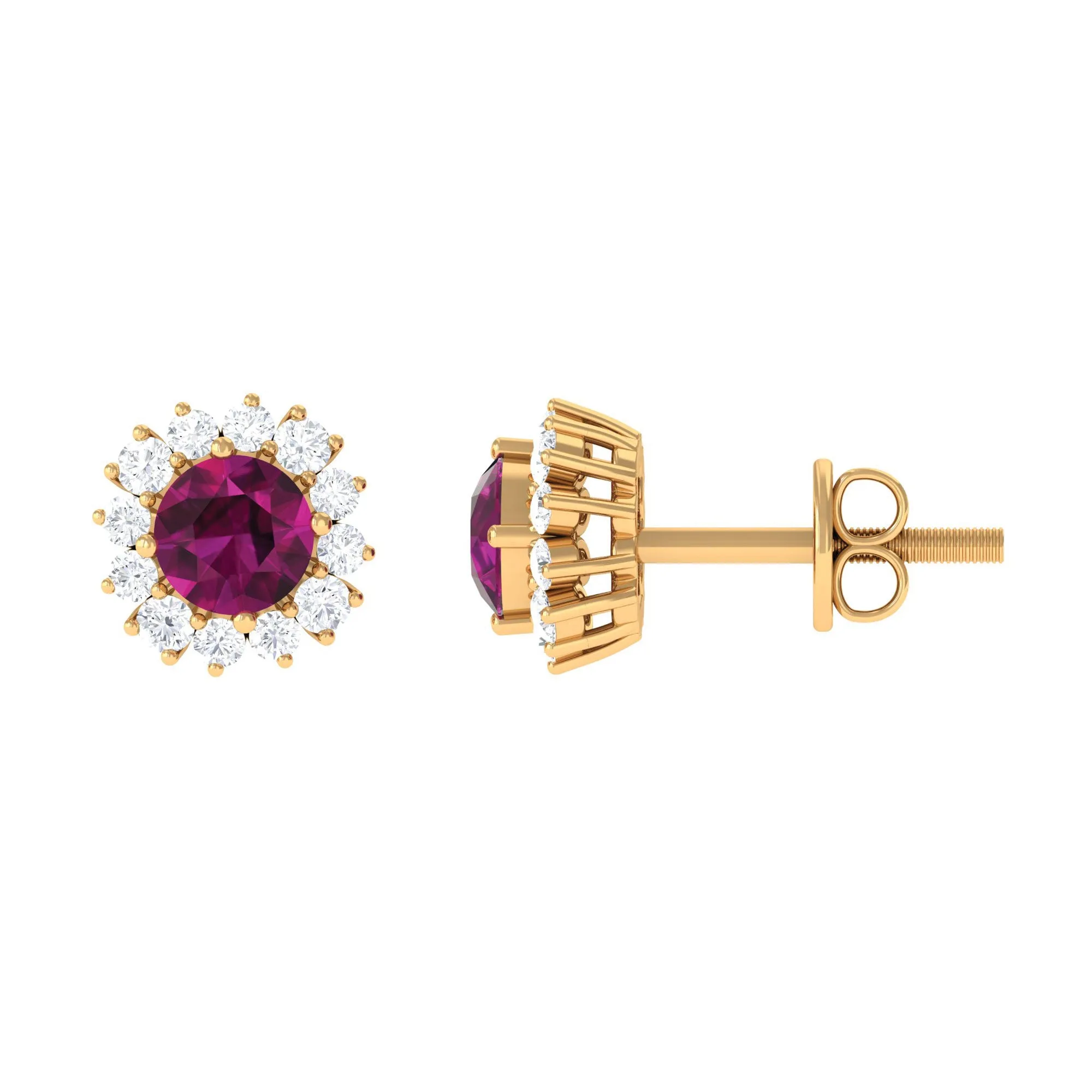 1 CT Classic Rhodolite and Diamond Halo Stud Earrings