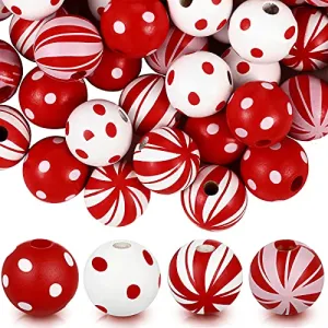 100 Pieces Candy Cane Wooden Beads 0.63 Inch Christmas Dotted Striped Wood Beads Colorful Round Spacer Beads Natural Farmhouse Craft Beads with Hole for DIY Craft Supplies Holiday Decoration, 4 Colors