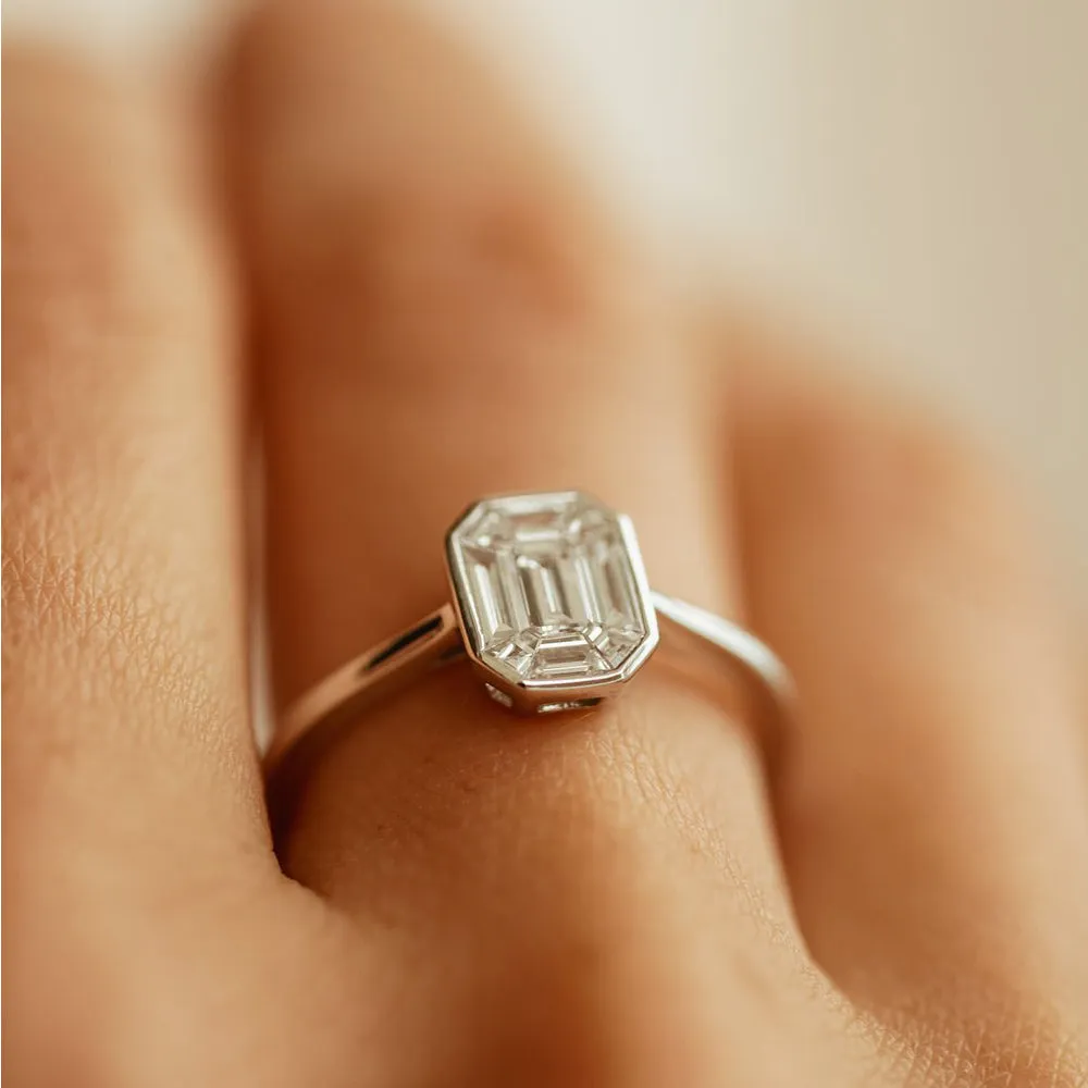 14k Emerald Cut Illusion Mosaic Solitaire Engagement Ring