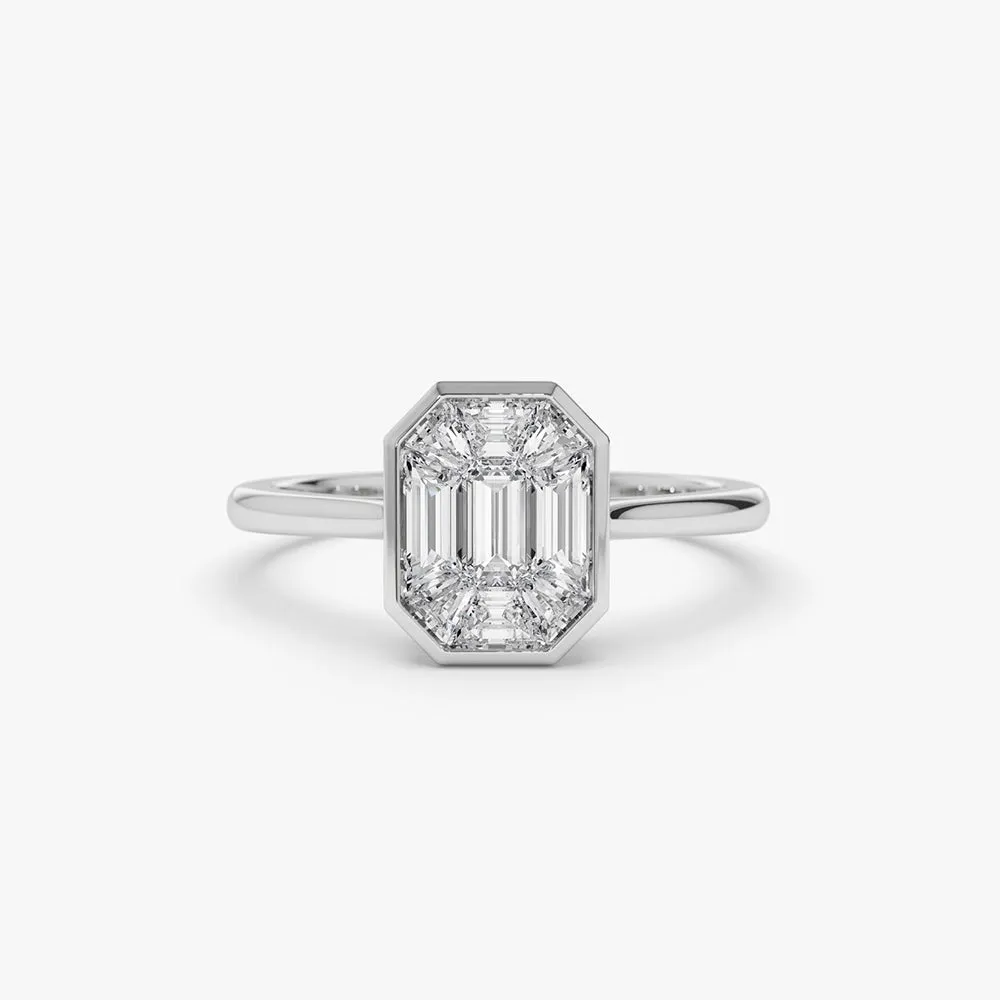 14k Emerald Cut Illusion Mosaic Solitaire Engagement Ring