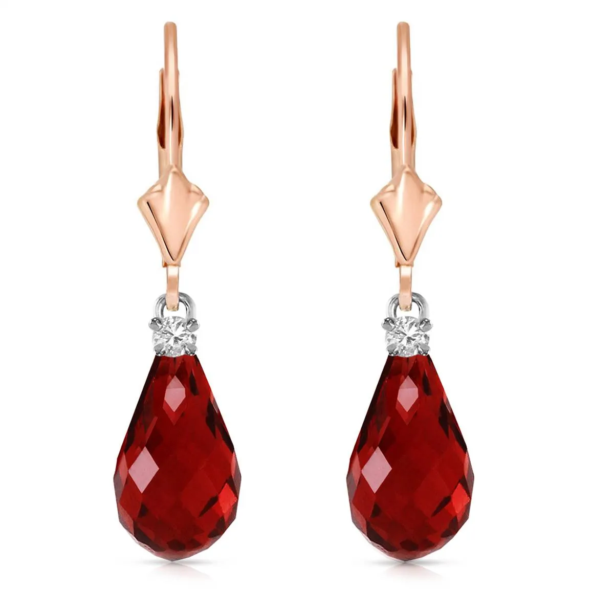 14K Solid Rose Gold Leverback Earrings w/ Diamonds & Garnets