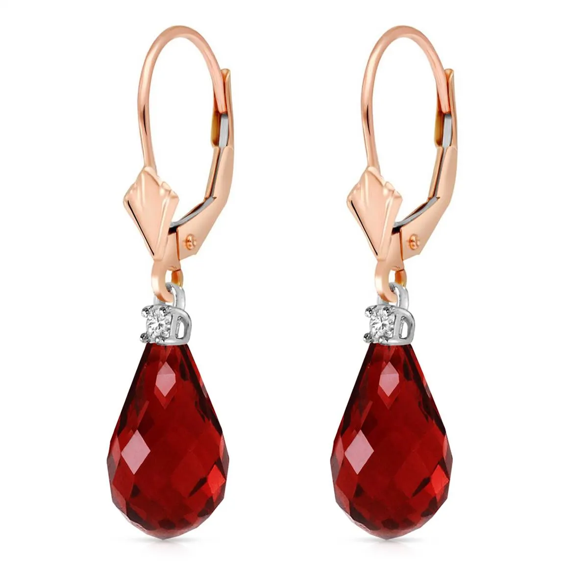 14K Solid Rose Gold Leverback Earrings w/ Diamonds & Garnets