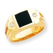 14k Yellow Gold Flat Top Ridged-Sides Complete Mens Diamond And Onyx Ring