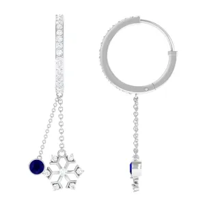 1.5 CT Blue Sapphire Dangle Hoop Earrings with Diamond Snowflake