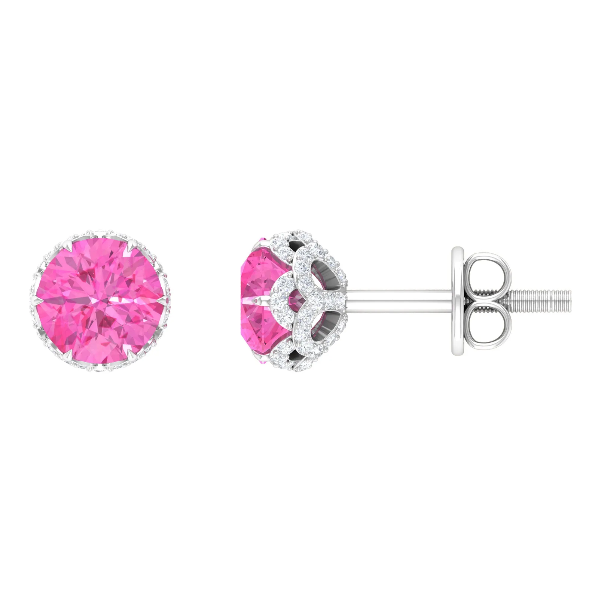 1.5 CT Lotus Basket Set Pink Sapphire Solitaire Floral Stud with Diamond Accent