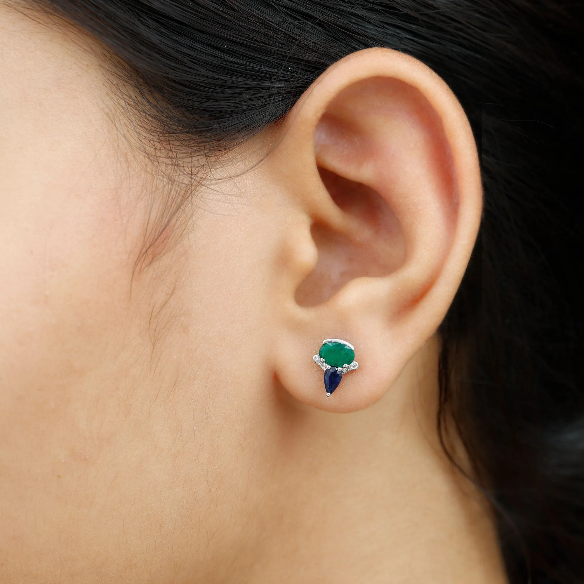 1.50 CT Blue Sapphire and Emerald Antique Stud Earrings with Diamond Accent