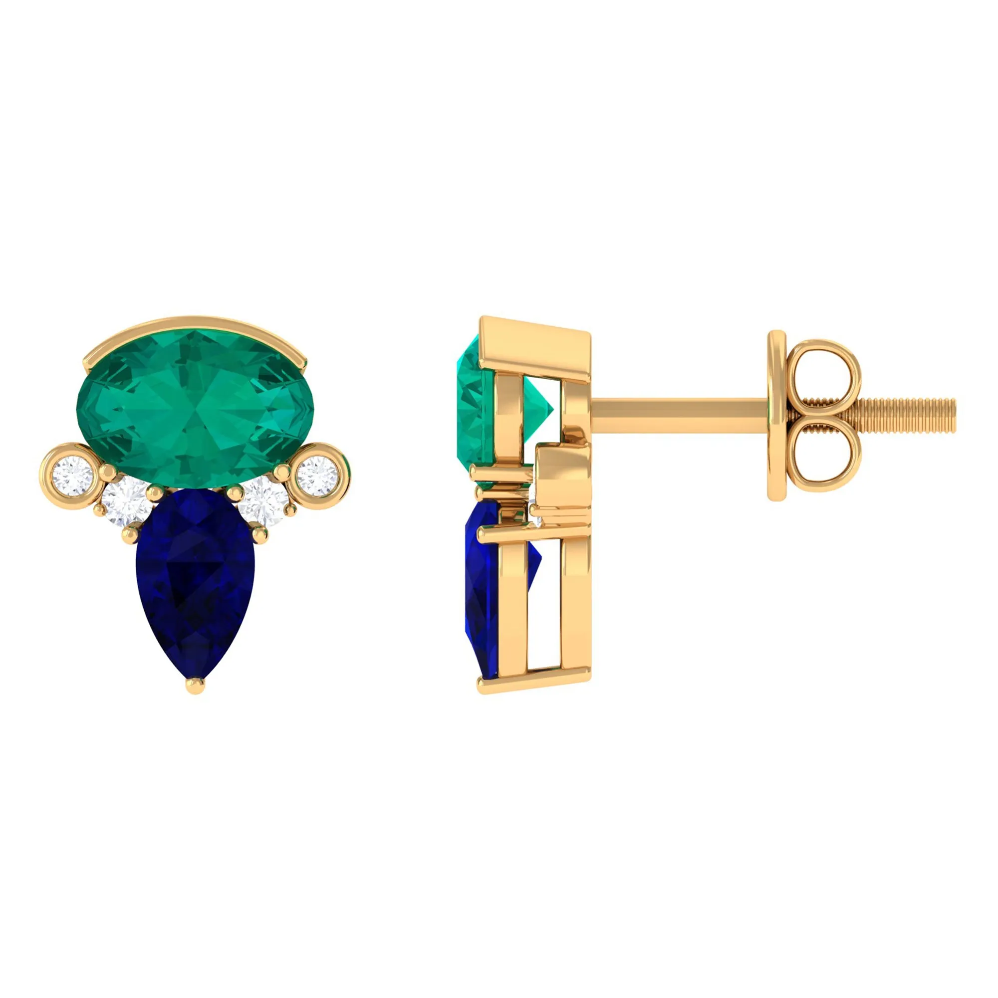 1.50 CT Blue Sapphire and Emerald Antique Stud Earrings with Diamond Accent