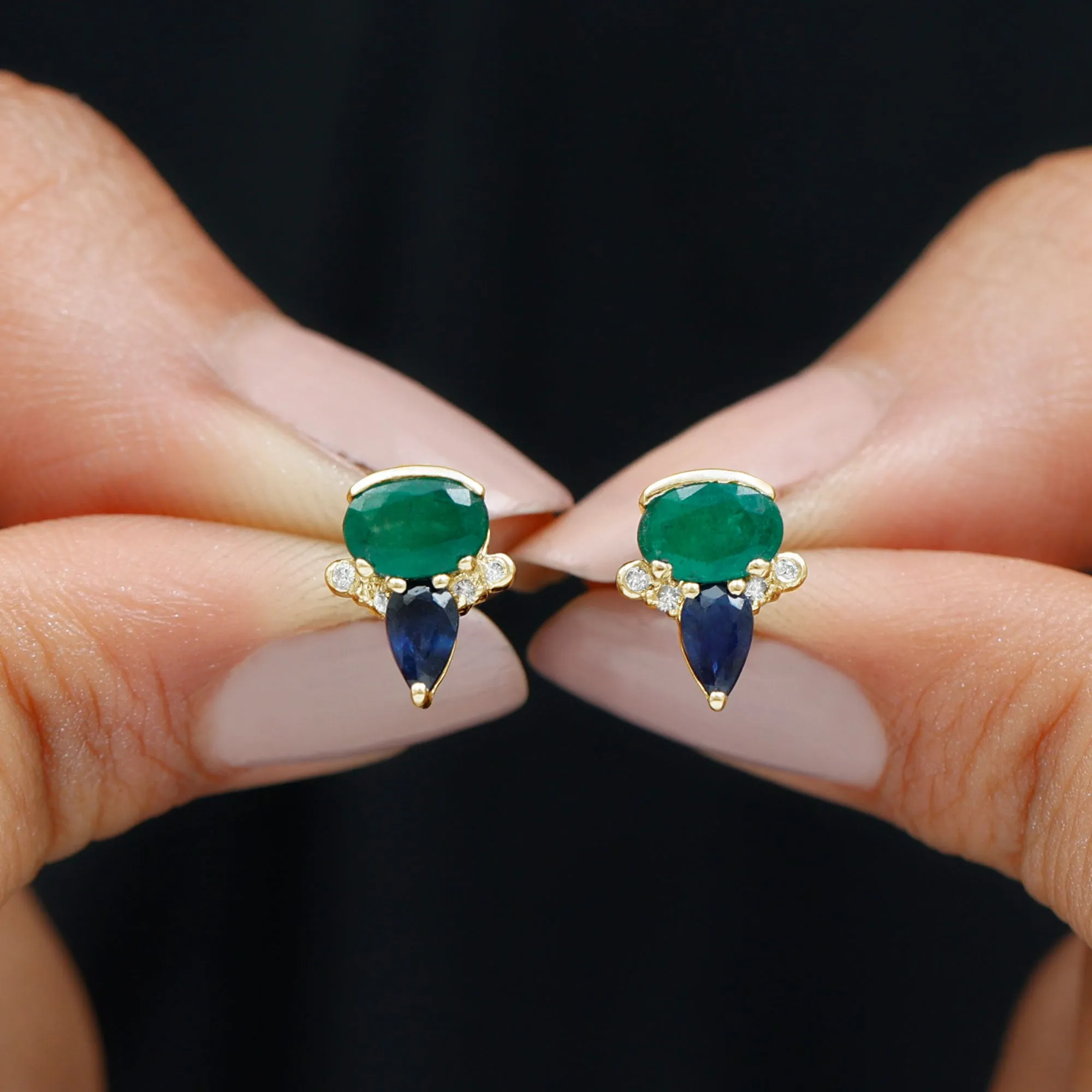 1.50 CT Blue Sapphire and Emerald Antique Stud Earrings with Diamond Accent