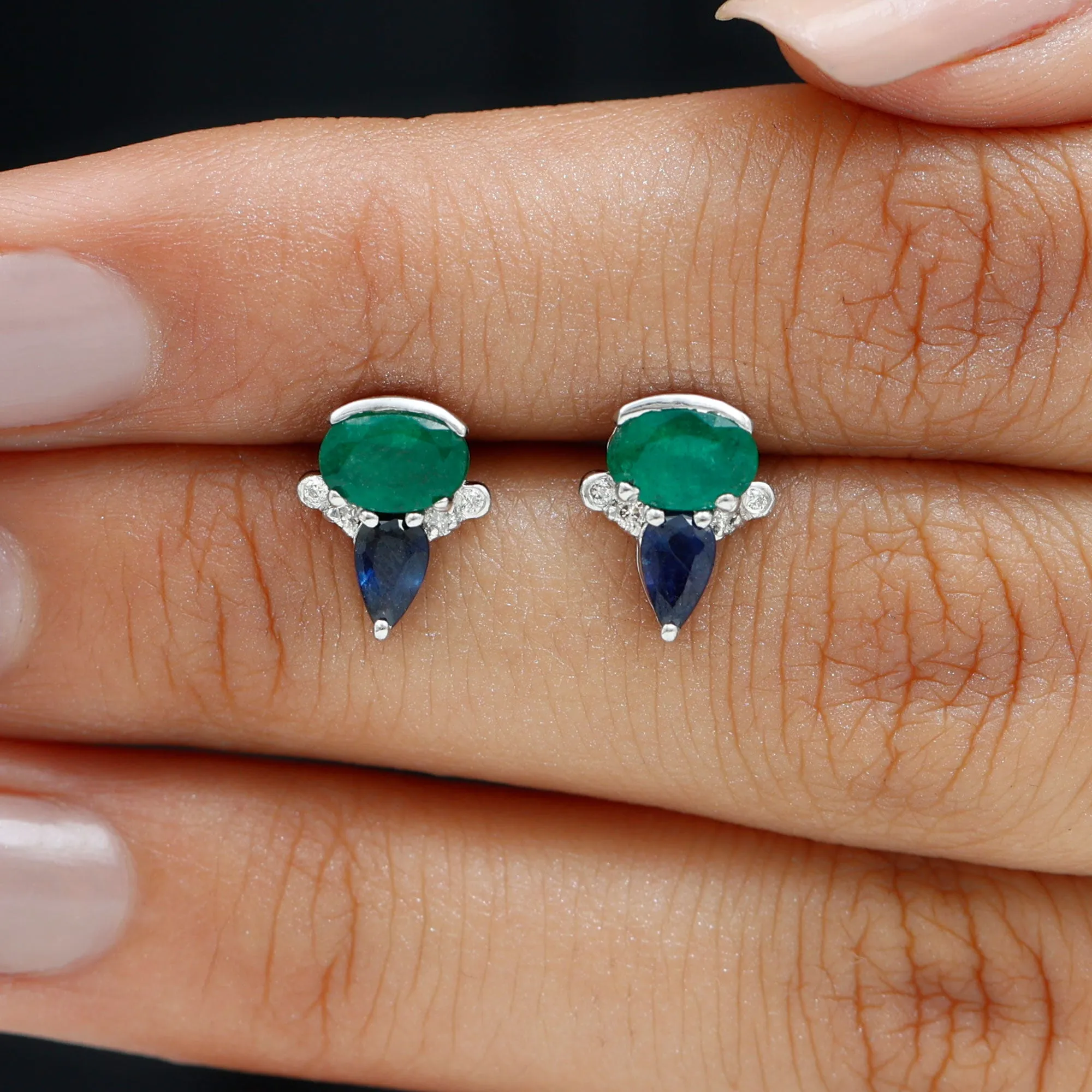 1.50 CT Blue Sapphire and Emerald Antique Stud Earrings with Diamond Accent