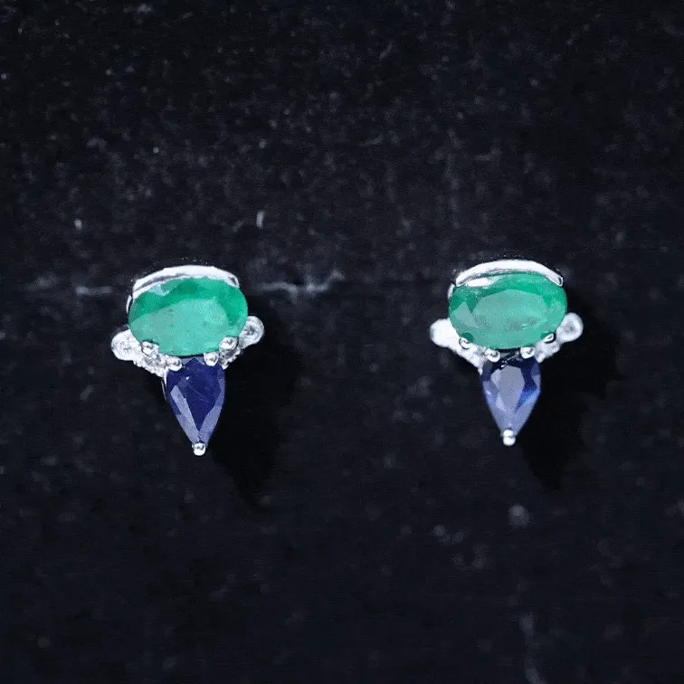 1.50 CT Blue Sapphire and Emerald Antique Stud Earrings with Diamond Accent