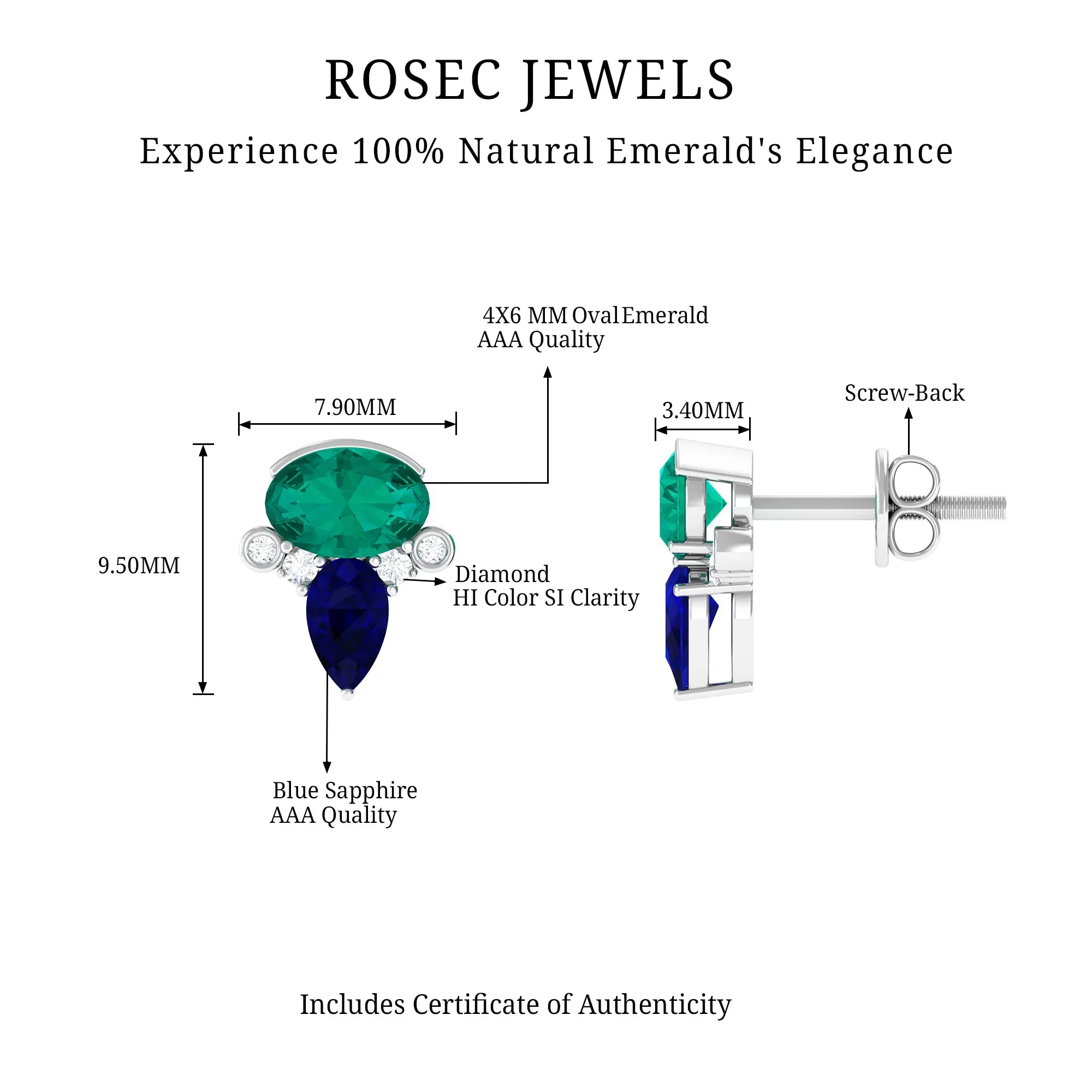 1.50 CT Blue Sapphire and Emerald Antique Stud Earrings with Diamond Accent