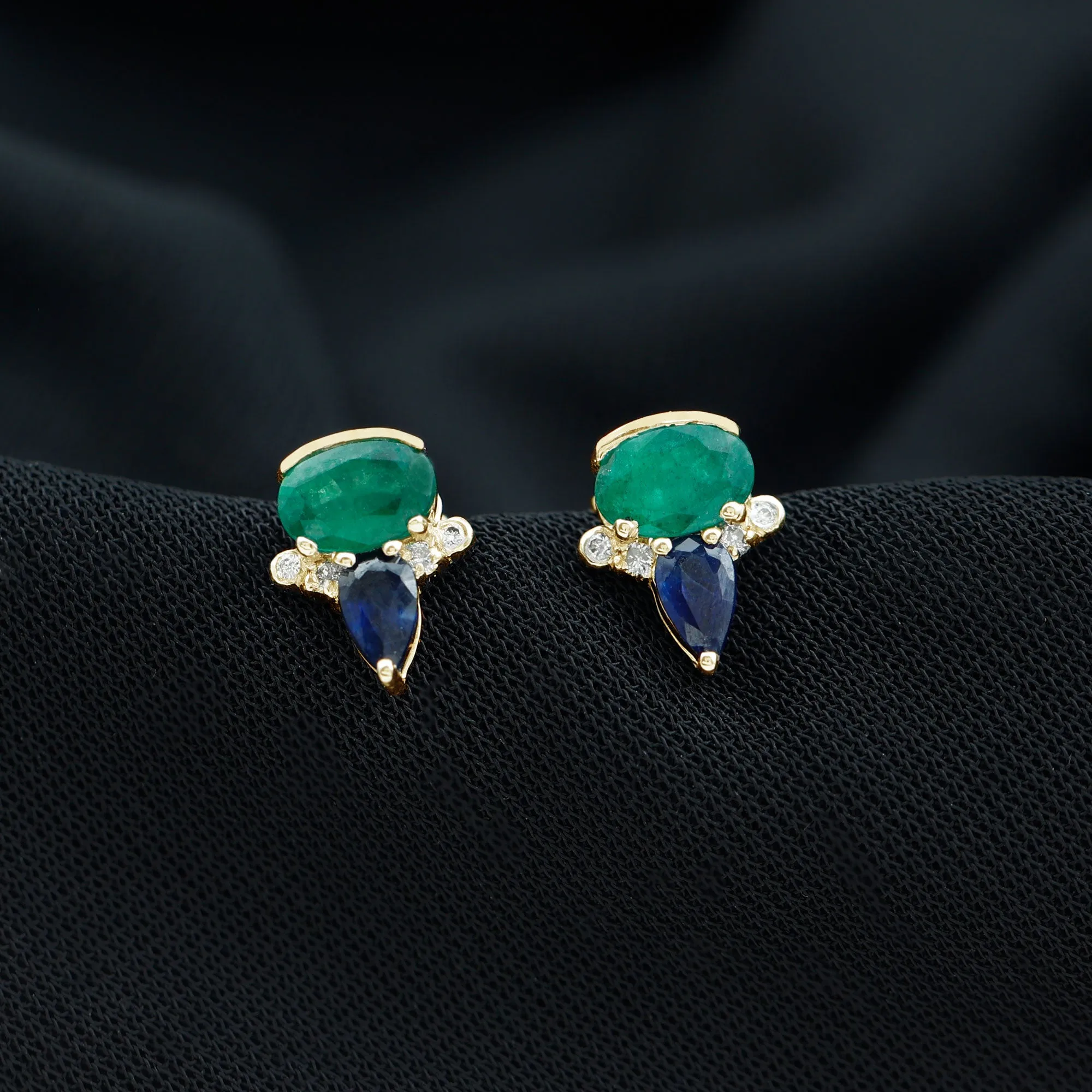 1.50 CT Blue Sapphire and Emerald Antique Stud Earrings with Diamond Accent