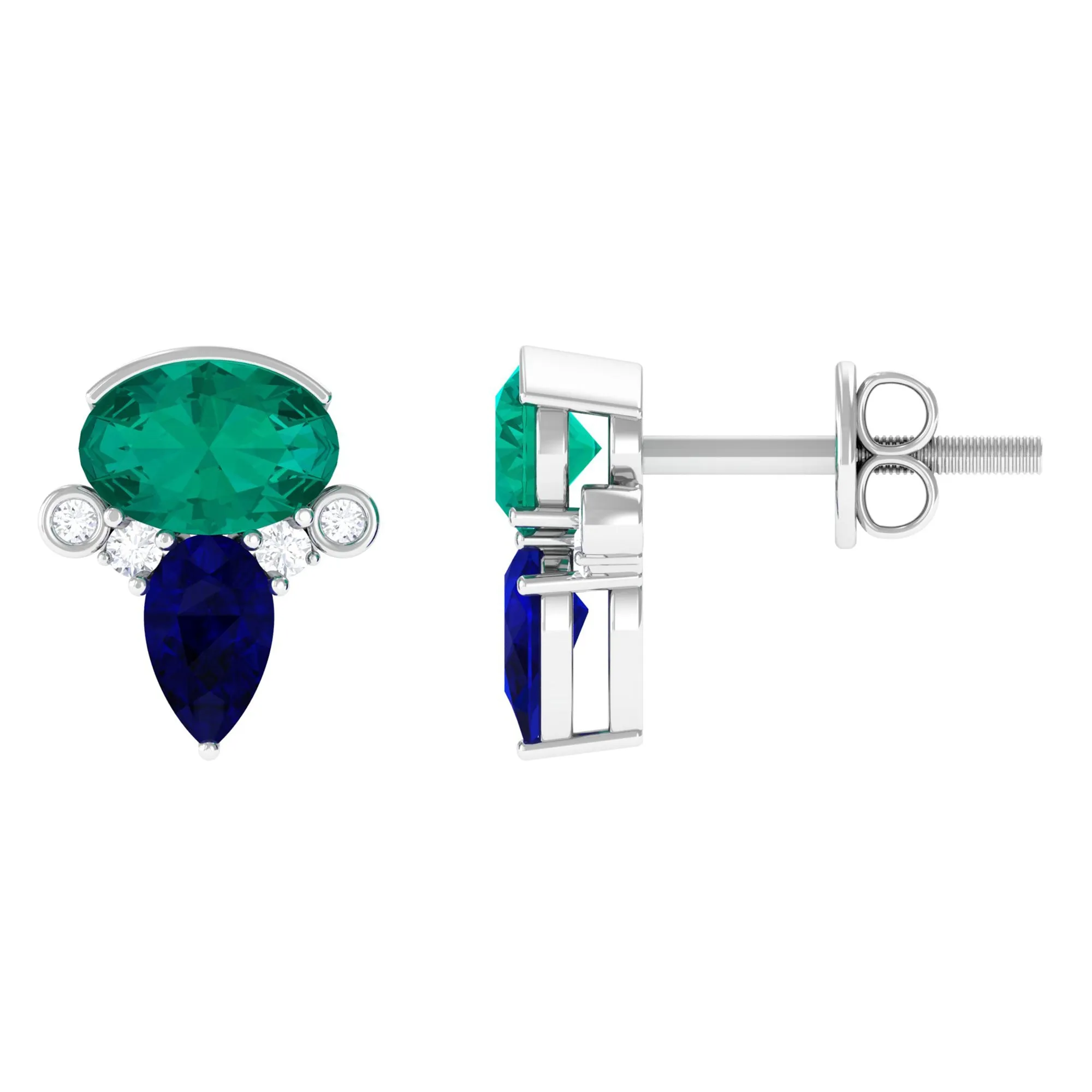 1.50 CT Blue Sapphire and Emerald Antique Stud Earrings with Diamond Accent