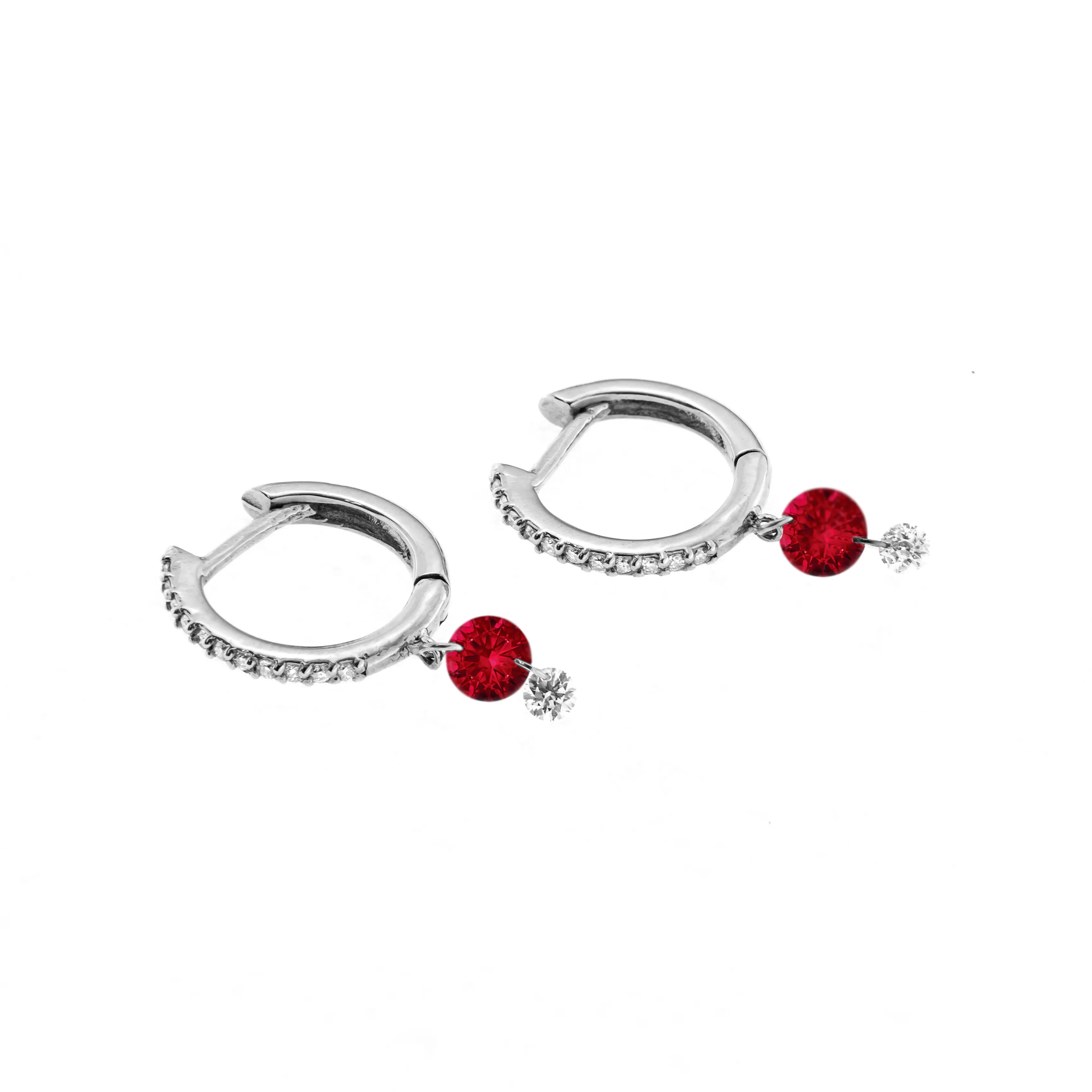 18K Gold Drilled Ruby and Pave Diamond Huggie Hoops Earrings