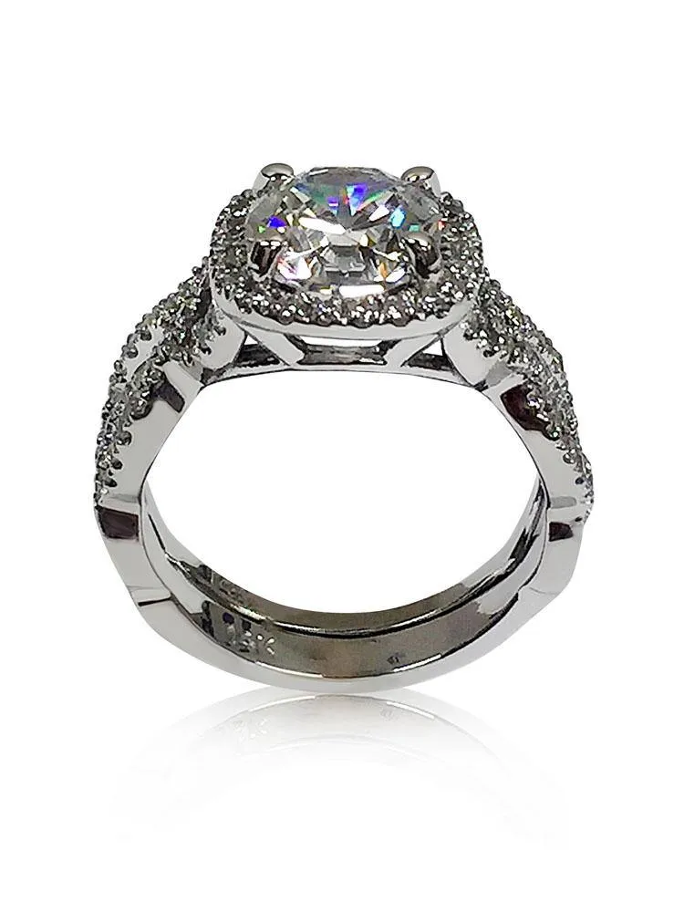 2.5 Cushion CZ Engagement ring with Fitted Band 14K White Gold