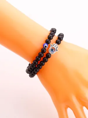 2pcs Evil Eye Detail Hamsa Hand Decor Beaded Bracelet Boho Crafted Creative