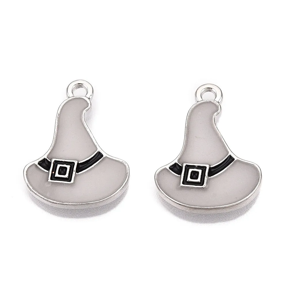 4 Witch Hat Silver Tone Enamel Charms - Glow in the Dark! - E1675