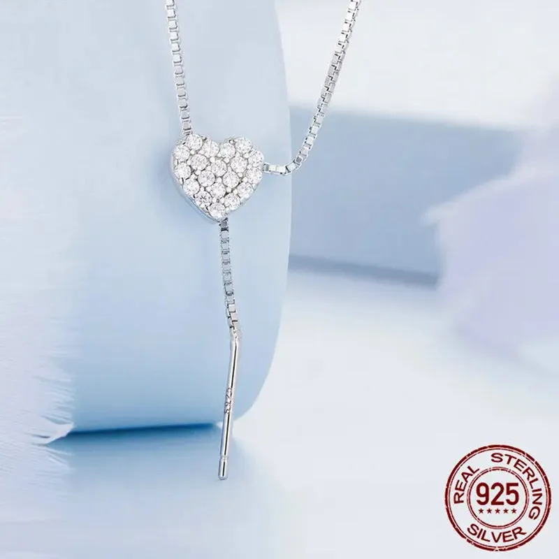 925 Sterling Silver Brilliant Heart Necklace for Women Minimalist Long Box Chain Choker Fine Jewelry Party Gift