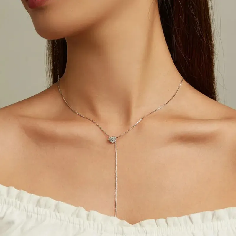 925 Sterling Silver Brilliant Heart Necklace for Women Minimalist Long Box Chain Choker Fine Jewelry Party Gift