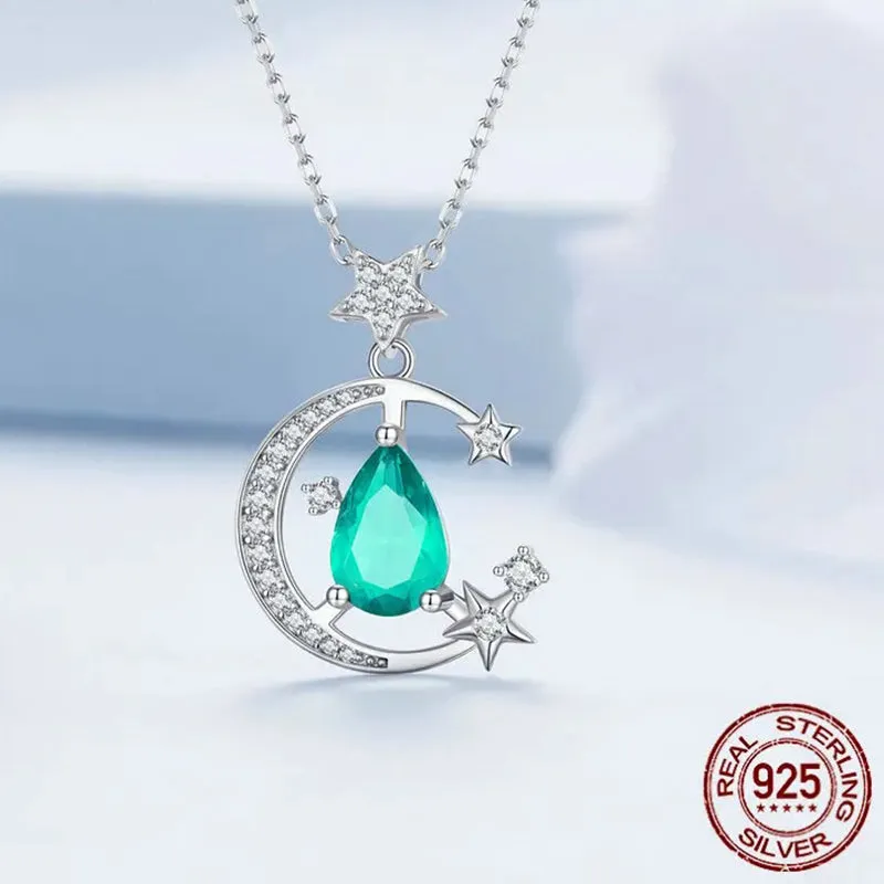 925 Sterling Silver Crescent Moon and Star Pendant Necklace Light Green Waterdrop Neck Chain for Women Fine Jewelry