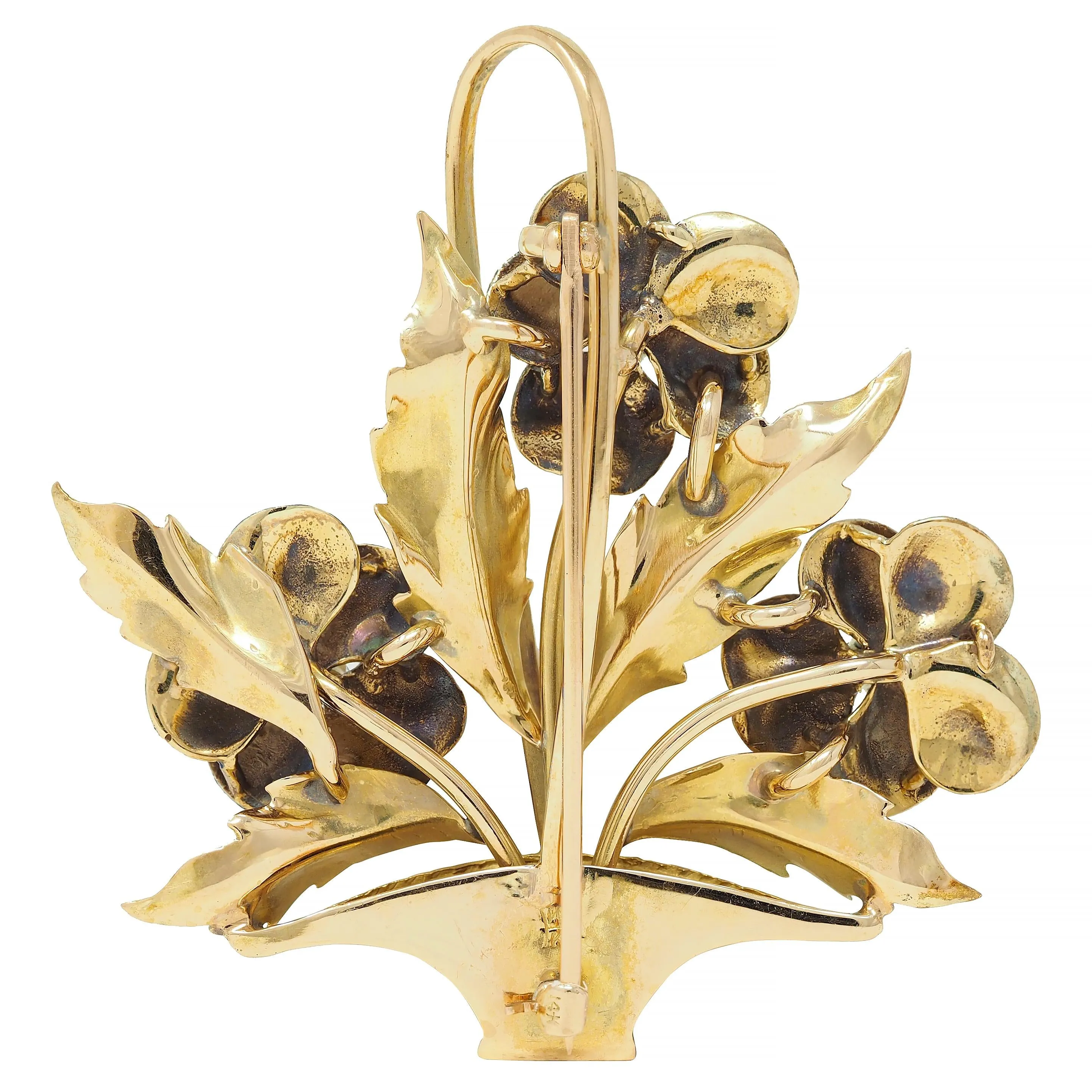 A. J. Hedges & Co. Enamel Diamond 14 Karat Yellow Gold Antique Basket Of Pansies Brooch