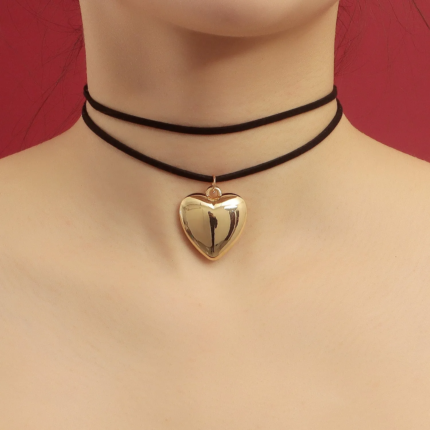 Adjustable Velvet Choker with Big Heart Pendant Necklace