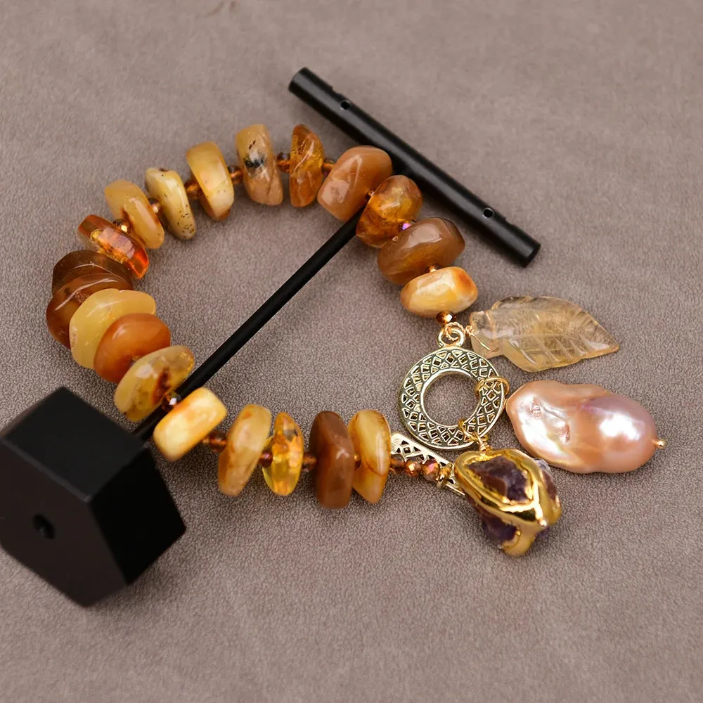 Amber & Pink Keshi Pearl Charm Bracelet