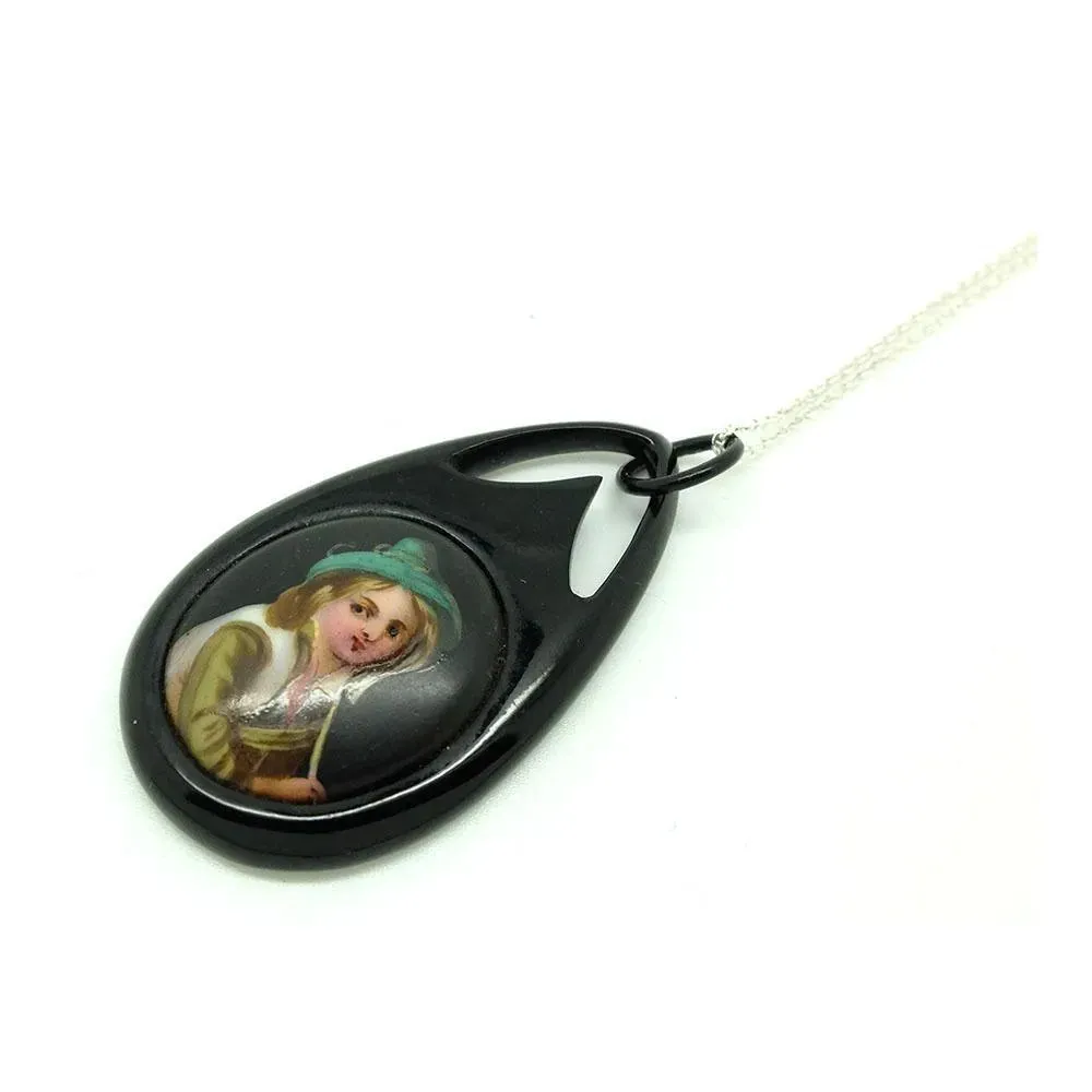 Antique Victorian Hand Painted Boy Jet Necklace