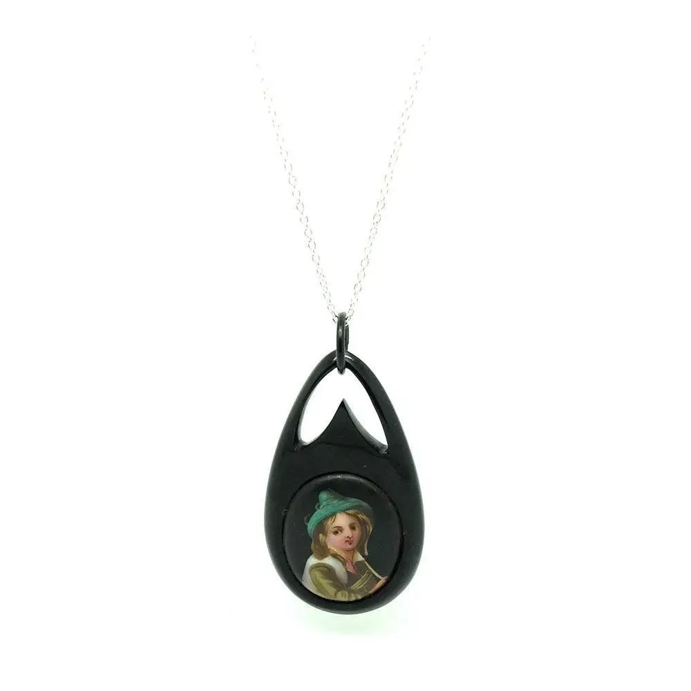 Antique Victorian Hand Painted Boy Jet Necklace