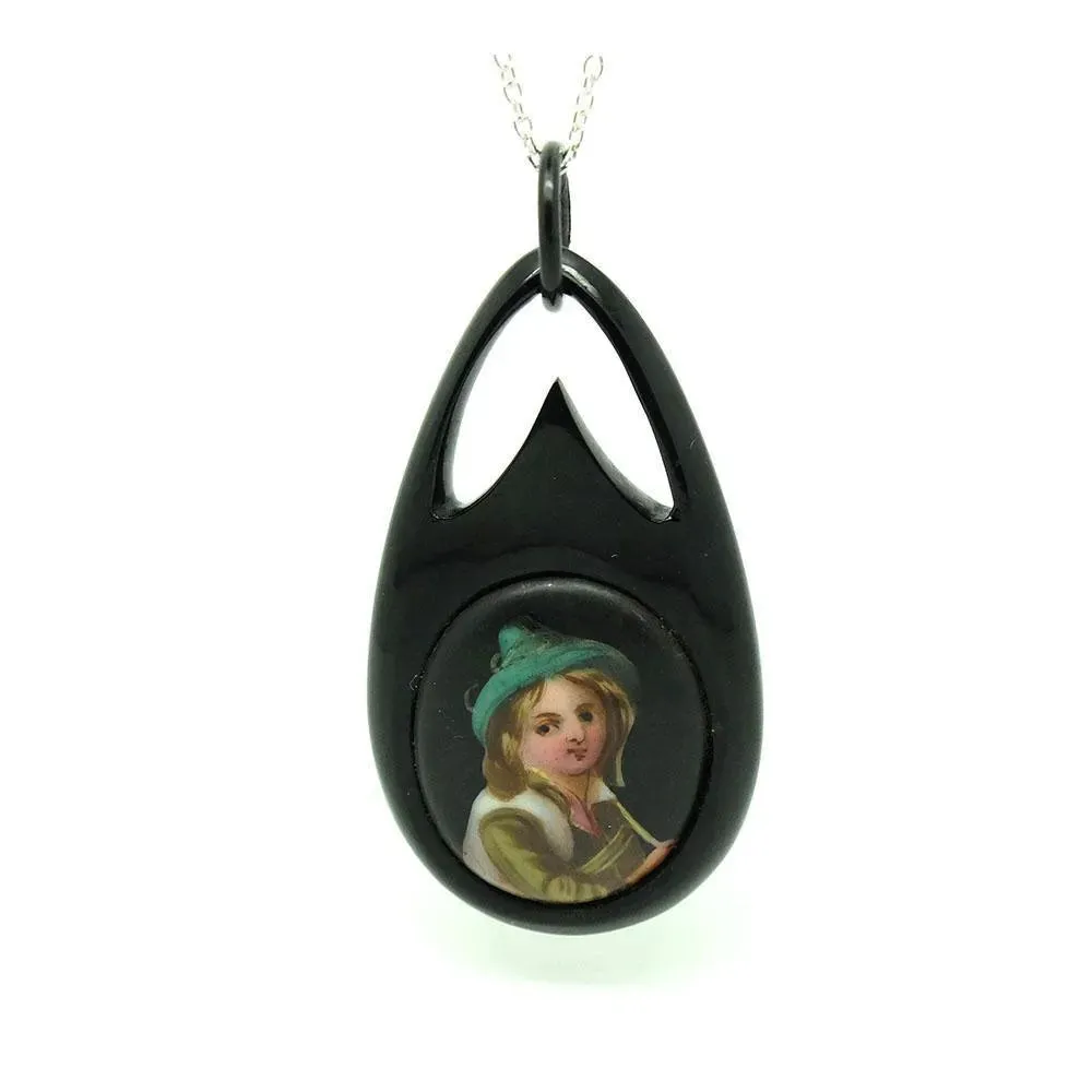 Antique Victorian Hand Painted Boy Jet Necklace