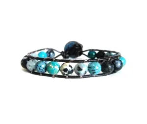 Aqua Blue Mix Jasper Single Beaded Wrap Bracelet