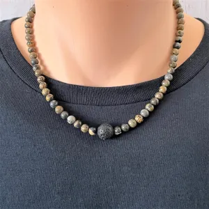 Artistic Stone and Black Lava Mens 6mm Beaded Necklace