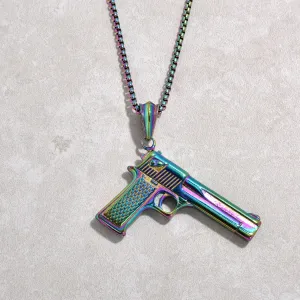 Aurora Borealis Desert Eagle Glock Pistol Gun Steel Hearts Necklace