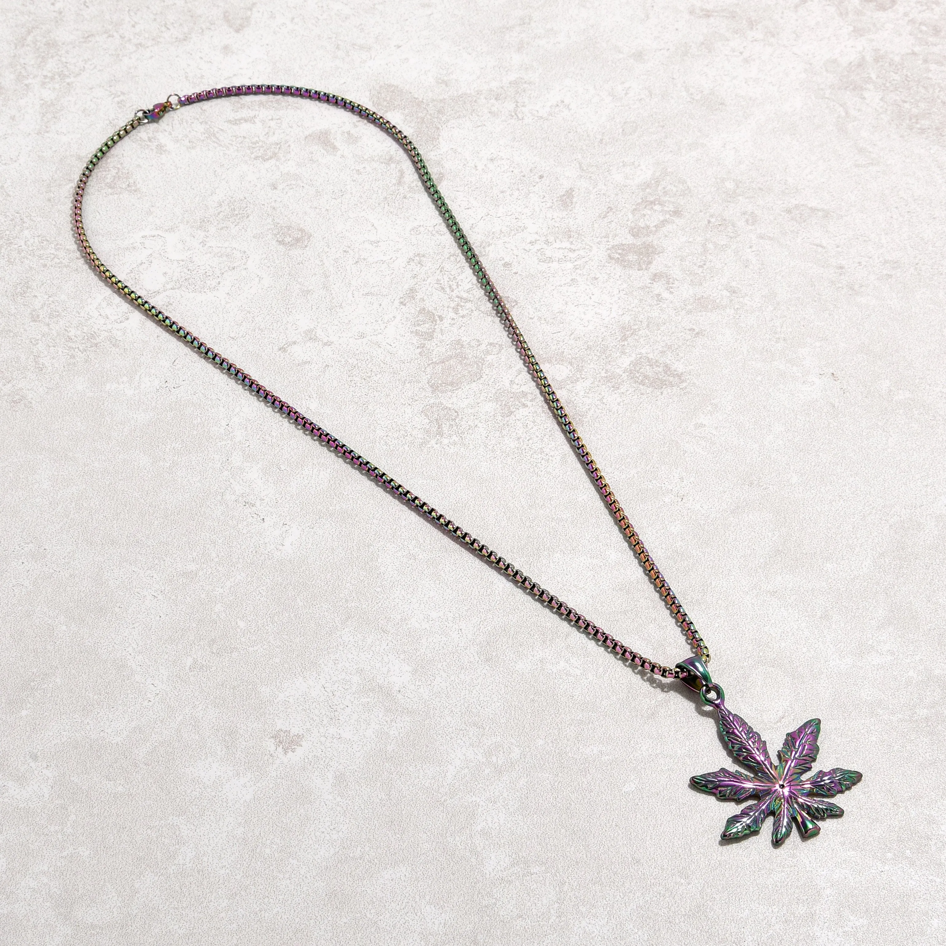 Aurora Borealis Hemp Leaf Steel Hearts Necklace