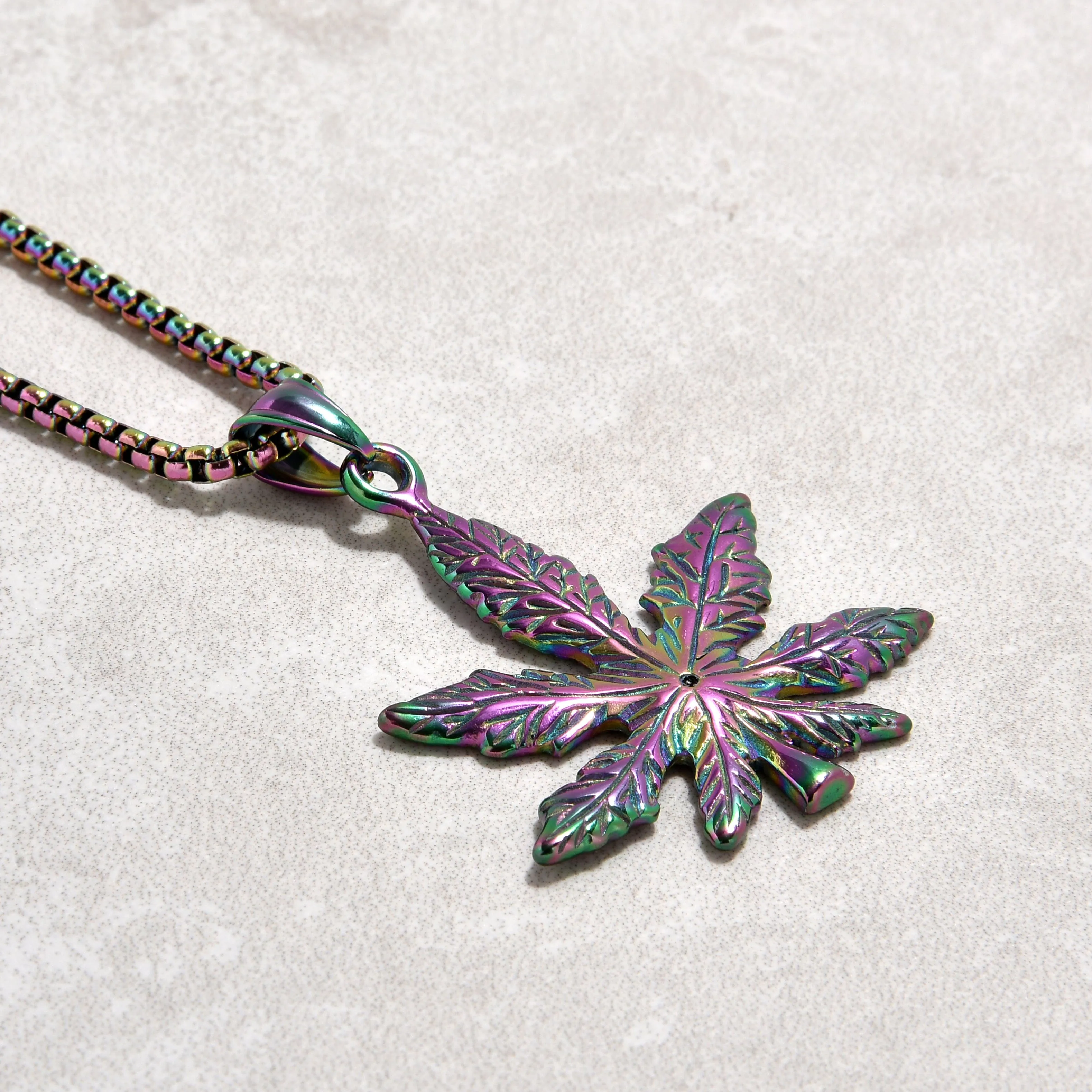 Aurora Borealis Hemp Leaf Steel Hearts Necklace