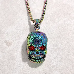 Aurora Borealis Skull Steel Hearts Necklace