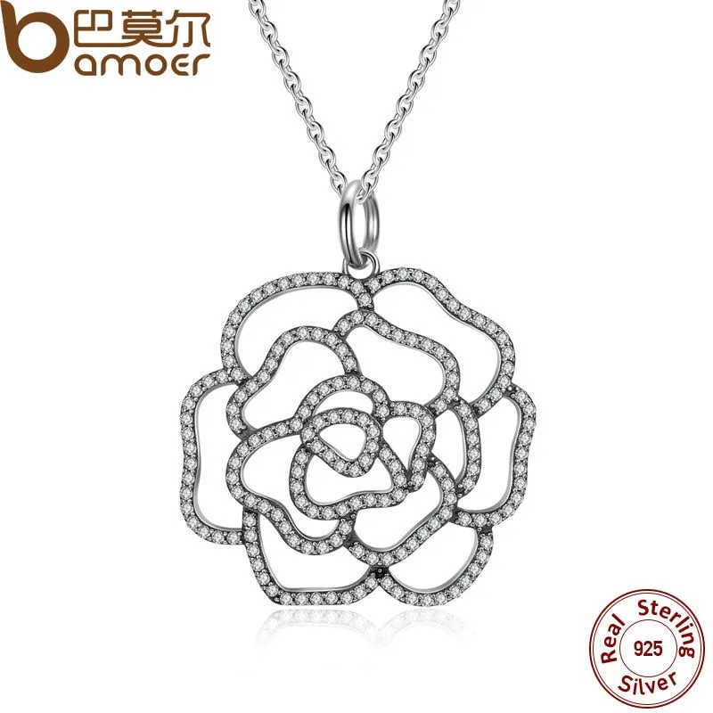 BAMOER 925 Sterling Silver Shimmering Rose Pendant Necklace, Clear CZ Necklaces & Pendants Colares Fine Jewelry PSN004