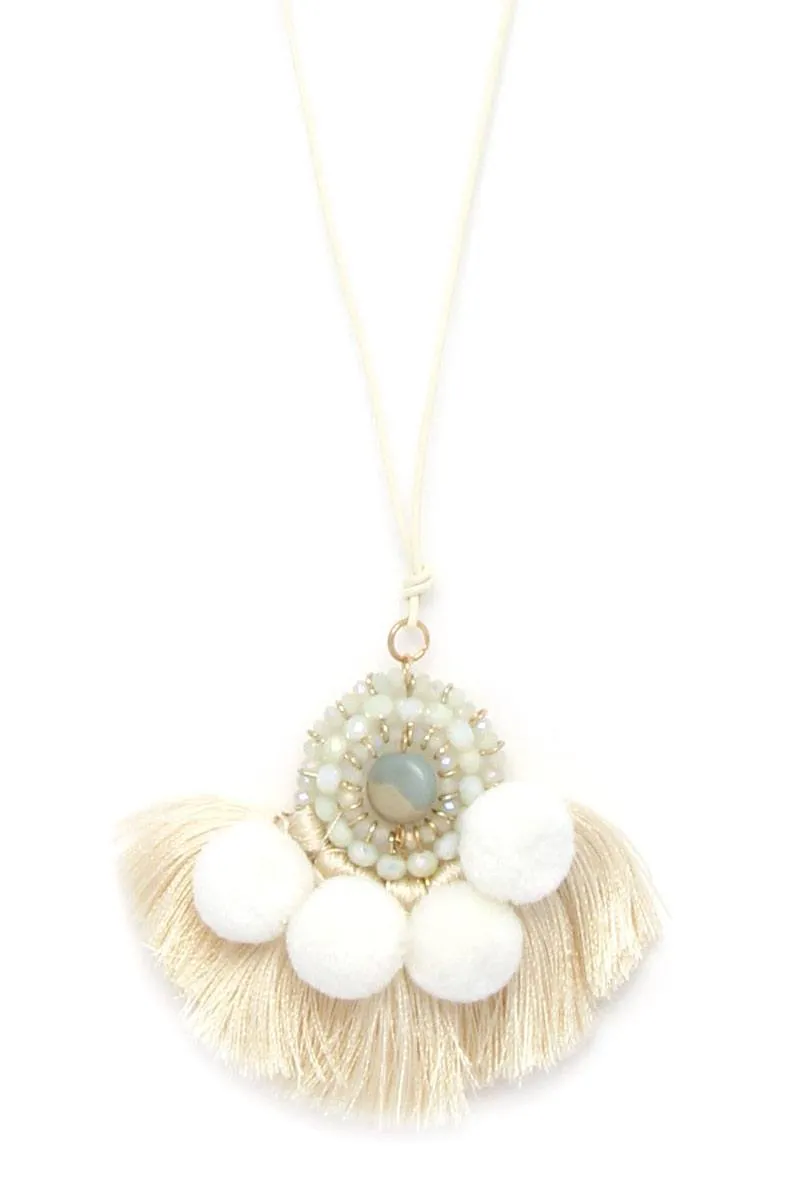 Beaded pom pom tassel pendant necklace