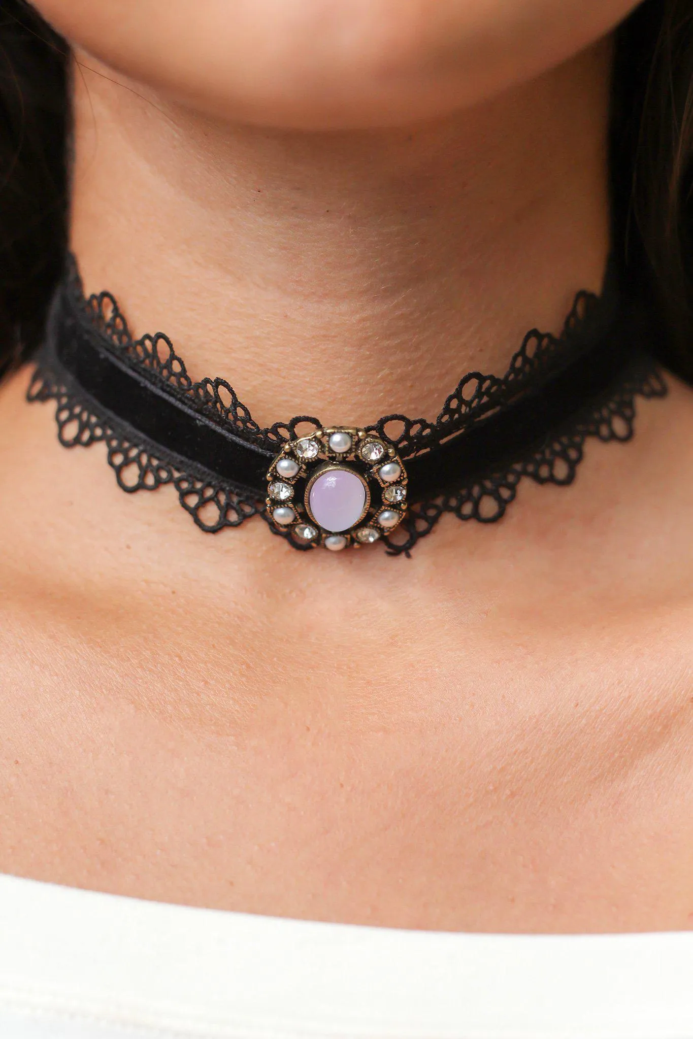 Black Velvet Choker with Antique Brooch