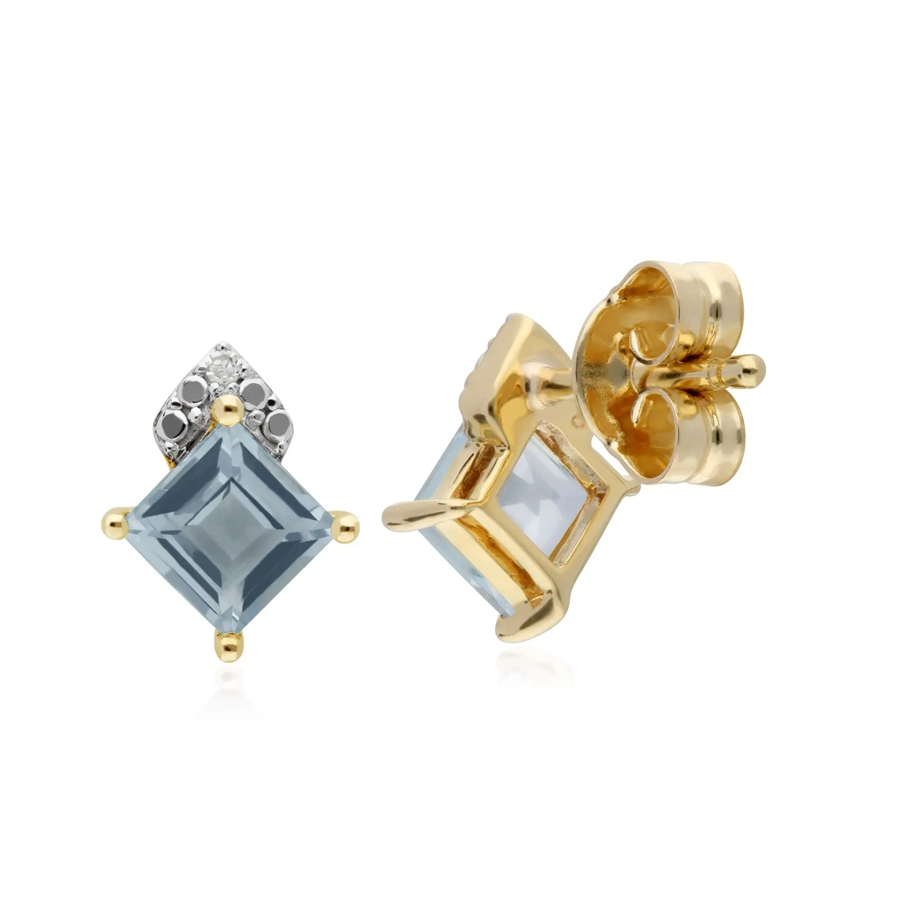 Blauer Topas Ohrringe, 9 Karat Gelbgold Blue Topas & Diamant Quadrat