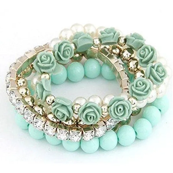 Blue Gold White Multi-layer Green Flowers Rhinestone 5 Piece Set of Bracelets