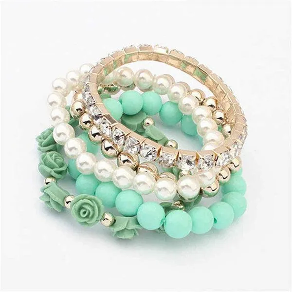 Blue Gold White Multi-layer Green Flowers Rhinestone 5 Piece Set of Bracelets