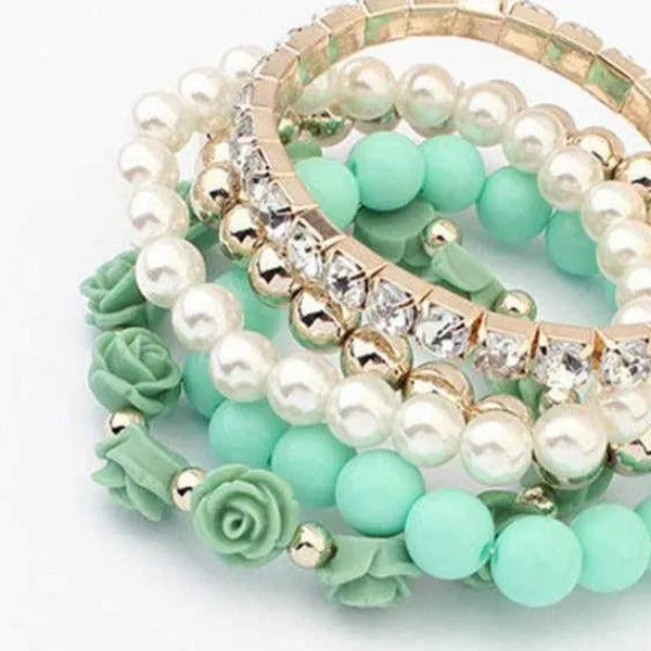 Blue Gold White Multi-layer Green Flowers Rhinestone 5 Piece Set of Bracelets