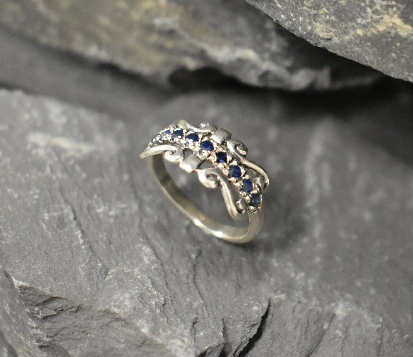 Blue Tiara Band - Natural Sapphire Ring, Crown Eternity Band