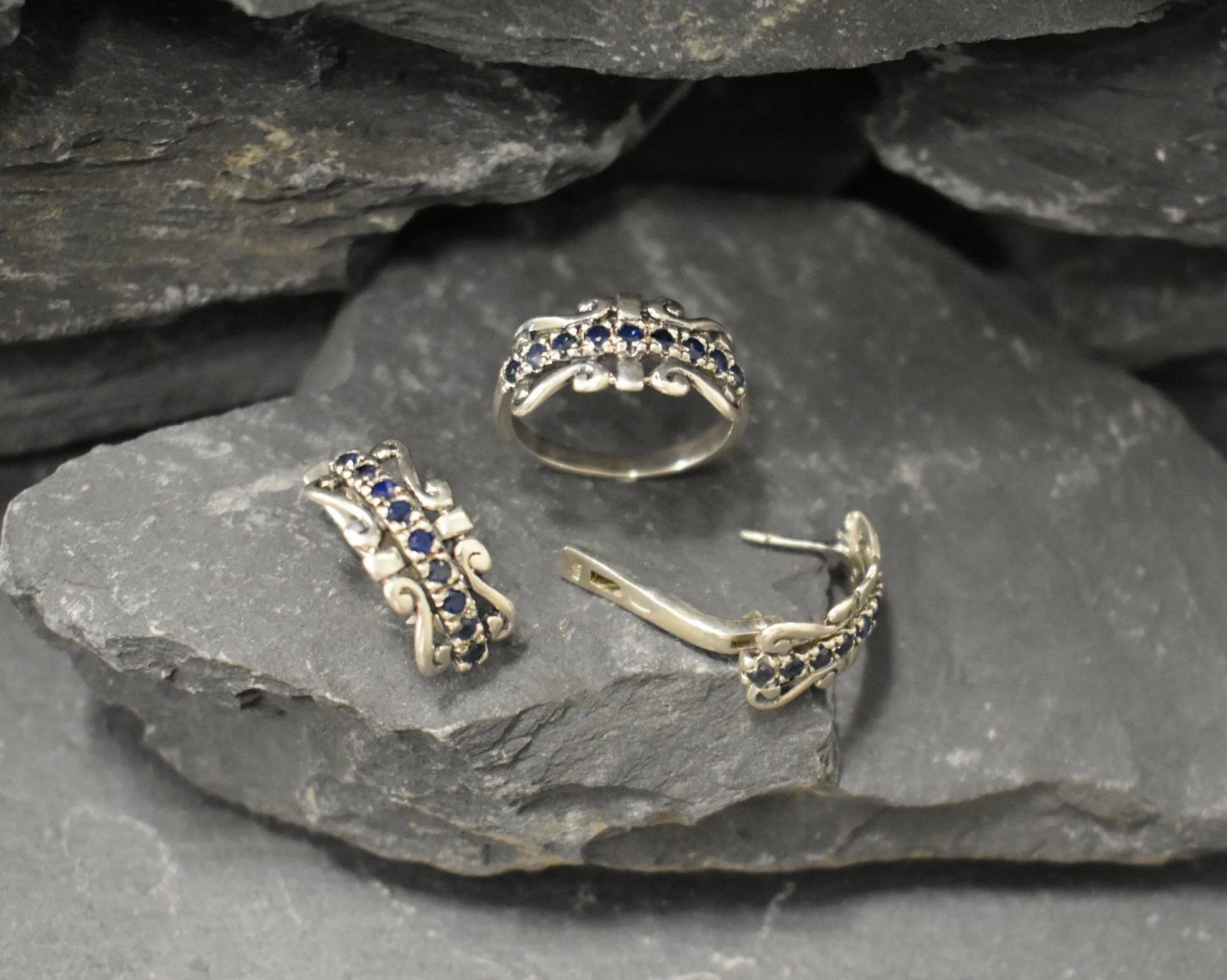 Blue Tiara Band - Natural Sapphire Ring, Crown Eternity Band