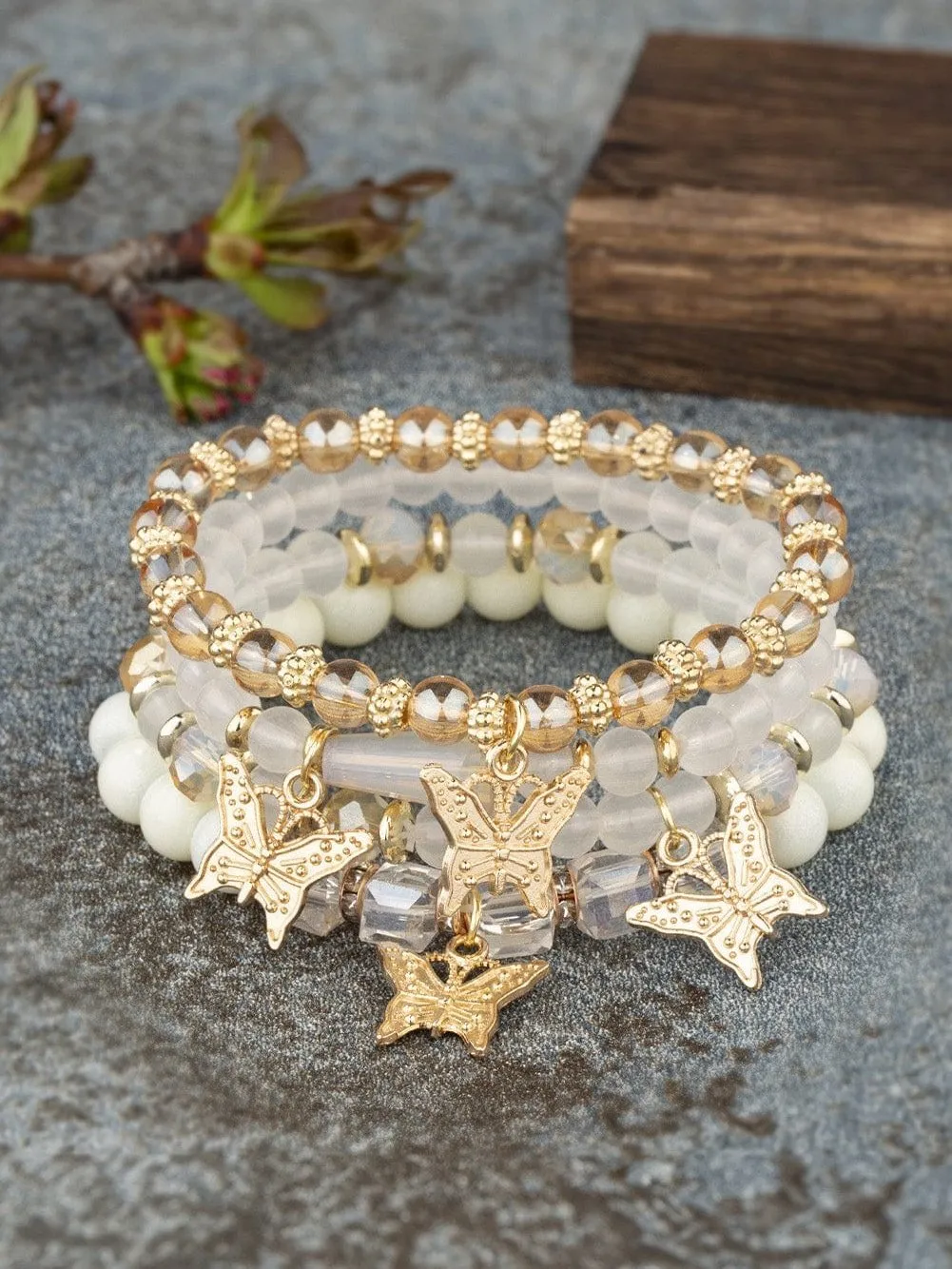 Bohemian Butterfly White Beaded Bracelet Set with 4 Pieces