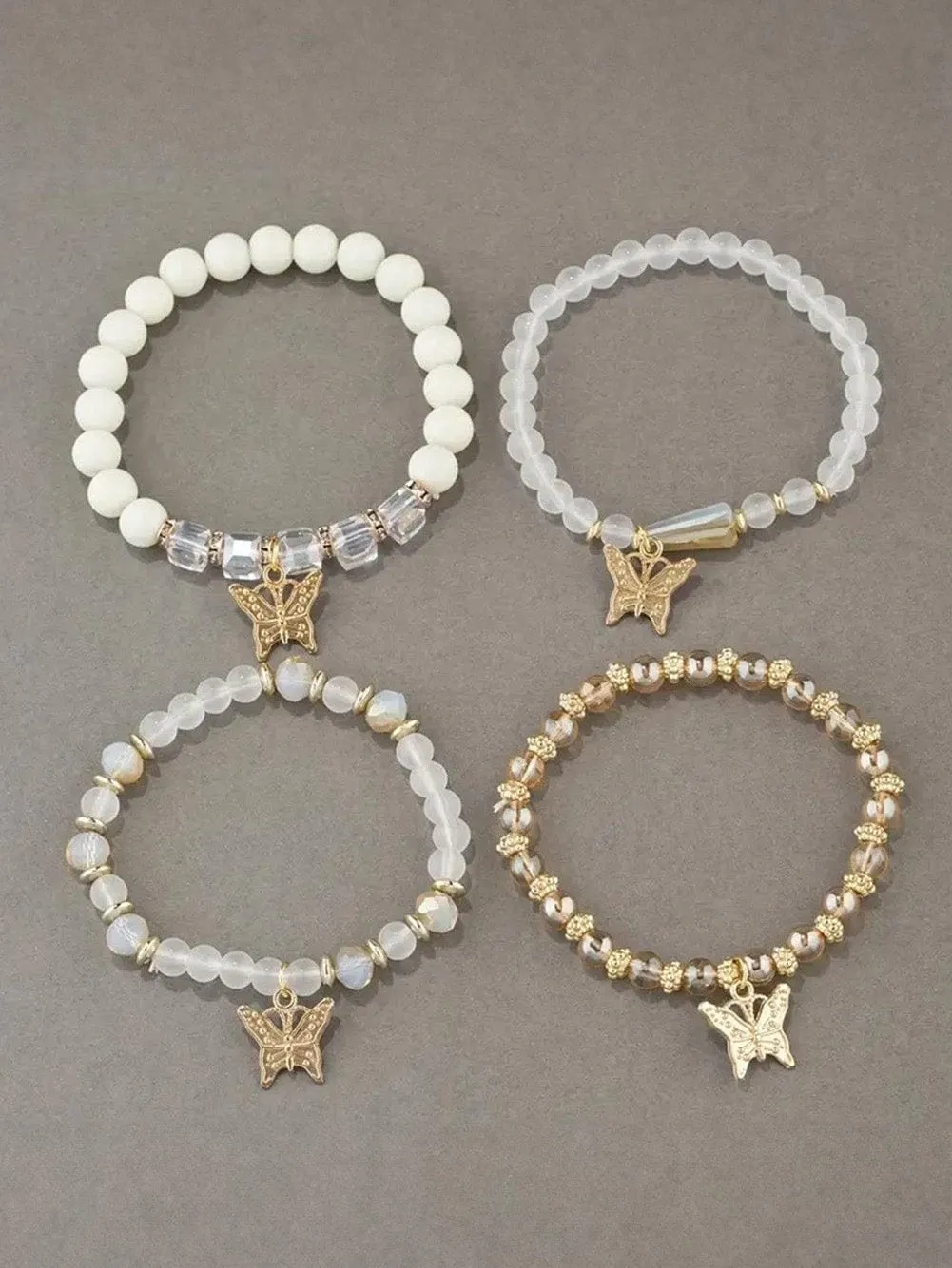 Bohemian Butterfly White Beaded Bracelet Set with 4 Pieces